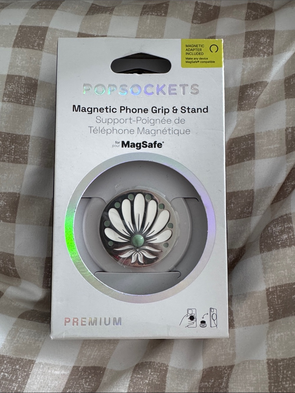 PopSocket Magnetic Phone Grip & Stand – Silver with White Floral Accent